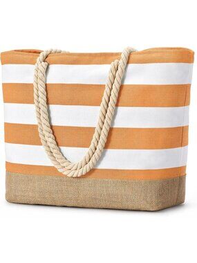 Women's Orange Large Canvas Jute Beach Tote Bag Sandproof Swim Pool Bag Zipper